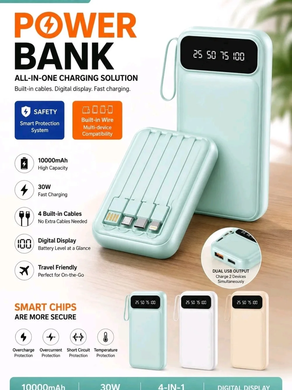 10000mAh YELLOW  Power Bank with Digital Display - Built-in Cables FACTORY SEAL
